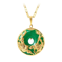 Colar dourado estilo chinês dragão e phoenix ágata verde, corrente com pingente vazado redondo, joia clássica 2024 - compre barato