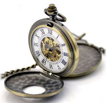 Двойные открытые мужские карманные часы с цепочкой, механические бронзовые часы с ручным заводом, римские часы с номером стимпанк, подарки для папы 2024 - купить недорого
