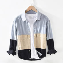 Camisa de carga de algodão masculina na moda camisas de retalhos casuais primavera verão algodão de manga comprida masculino topos roupas masculinas 2024 - compre barato
