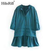 HiloRill-Vestido plisado informal para Mujer, prenda lisa con cuello de pico y manga farol, con volantes y botones, talla grande 2024 - compra barato