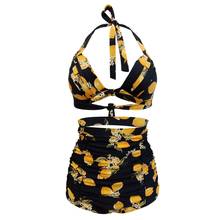 Lemon Flowers Print Black Halter Bikinis Women Swimsuits High Waisted Ruched Two-piece Swimwear Sexy Bow Bikini Sets Wholesale 2024 - buy cheap