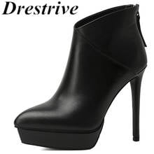 Drestrive Women's Ankle Boots Genuine Leather High Heels 13 cm Pointed Toe Zipper Platform Thin Heel 2020 Winter Shoes Black 2024 - buy cheap