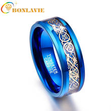Anéis estilosos masculinos de 8mm, qualidade aaa, tungstênio azul, carboneto, aliança de casamento, dragão, fibra de carbono azul chanfrado 2024 - compre barato