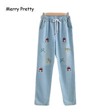 Merry pretty denim mulheres dos desenhos animados bordados denim calças 2020 atumn elasticidade da cintura calças de brim em linha reta tornozelo comprimento calças 2024 - compre barato