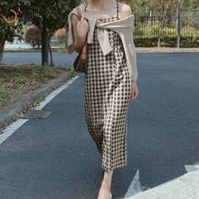 Vestido liso feminino xadrez estampa, peça única verão vintage sem mangas alça fina zíper coreano 2024 - compre barato