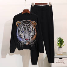 Agasalho de malha feminino preto, agasalho de treino manual com miçangas e estampa de tigre, suéter com calças compridas, conjunto feminino de malha casual solta para outono 2024 - compre barato