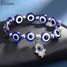 Pulsera de Ojo Azul turco para hombre y mujer, brazalete de cuentas de 10mm, Color plateado, amuleto de la mano de Hamsa, joyería de la amistad, 2021 2024 - compra barato