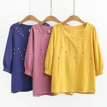 Plus Size 4XL Women's T-shirt New Spring Summer Cotton and Linen Clothes Embroidery O-Neck Seven-Sleeve T-shirt Female Tops J394 2024 - buy cheap