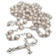 Colar de pérolas naturais católicas, colar com pingente de cruz da virgem jesus, rosário de contas religioso para oração 2024 - compre barato