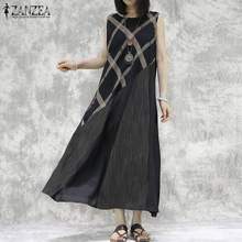 2021 Summer Sarafans ZANZEA Women Check Patchwork Long Sundress Vintage Sleeveless Cotton Linen Dress Vestidos Robe  2024 - buy cheap