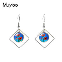 New Arrival Vintage Red Poppies Flowers Paintings Glass Round Dome Rhombus Dangles Earring Yellow Poppies Fish Hook Earrings 2024 - buy cheap