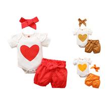 Conjunto de 3 uds. De verano para niña, Body de manga corta con estampado de corazón, pantalones cortos de lazo y Diadema para el Día de San Valentín, 0 a 24 meses, 2021 2024 - compra barato