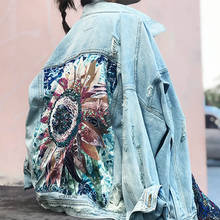 Куртка женская джинсовая в стиле бохо, демисезонная верхняя одежда из денима с блестками и цветочной аппликацией, верхняя одежда с длинным рукавом, 2021 2024 - купить недорого