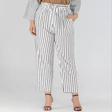 Calça comprida plus size para mulheres, calça de verão solta larga casual com cintura alta e cintura larga com cinto 2020, calças listradas femininas brancas 2024 - compre barato