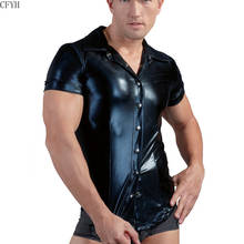 Camisa sexy masculina de couro artificial, camiseta erótica com botão noturno, para performance em boate, em pvc, roupa para motocicleta 2024 - compre barato