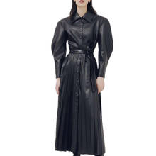Женское платье из искусственной кожи, плиссированные платья с отложным воротником и длинным рукавом, высокой талией, осень 2021 2024 - купить недорого