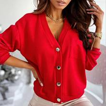 Women Spring Autumn Blouse Solid Color Deep V Neck Pocket Single-breasted Blouse Long Sleeve Pullover Large size 2XL For Female 2024 - buy cheap