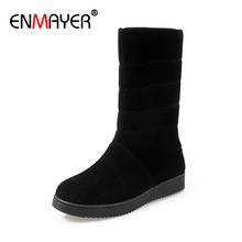 ENMAYER Flat with Round Toe Slip-On Snow Boots Cow Suede Solid Velvet Mid-Calf Boots Sewing Black Boots Thick Heel Woman Shoes 2024 - buy cheap