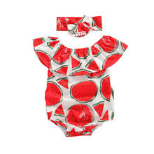 Детские комбинезоны для новорожденных девочек, боди с открытыми плечами, комбинезон с узором «арбуз», повязка на голову, летняя одежда 2024 - купить недорого