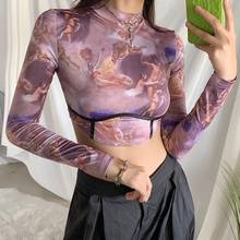 Elegant Women Art Oil Painting Printed Cropped Shirts Autumn Winter Long Sleeve Slim Bodycon Tees Graphic T Shirt Cropped Tops 2024 - buy cheap