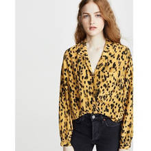 Camisa de seda feminina amarela com estampa de leopardo, camisa macia com gola de manga comprida, lavada com areia dupla 2024 - compre barato