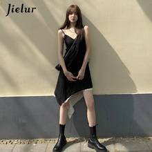 Jielur-vestido Retro de dos piezas con tirantes finos para mujer, vestido Sexy negro con cuello en V, cintura estrecha, falso, Irregular, verano 2021 2024 - compra barato