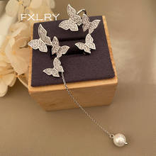 FXLRY-pendientes largos asimétricos de mariposa para mujer, joyería con colgante de perlas simples de circonia cúbica de Color blanco, novedad 2024 - compra barato