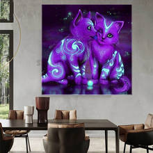 Pintura de diamante roxo gato fluorescente 5d bordado ponto cruz cristal mosaico redondo quadrado animal decoração de casa gg4840 2024 - compre barato