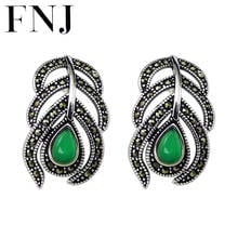 FNJ 925 Silver Earrings for Women Jewelry Green Agate Original S925 Sterling Silver Stud Earring MARCASITE Feather 2024 - buy cheap