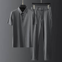 Minglu-Conjuntos de seda de hielo para hombre, camiseta y pantalones de lujo, de manga corta, a rayas, informal, a la moda, trajes finos 4xl 2024 - compra barato