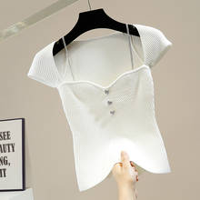 Camisa con cadena y botón de diamante para mujer, camisa de cuello cuadrado, ajustada, corta, de seda de hielo, de punto elástico, Top de verano 2021 2024 - compra barato