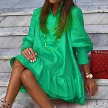  3XL Women Elegant Solid Color Ruffle Long Puff Sleeve Large Hem Loose Mini Dress Women Clothing Vestidos 2024 - buy cheap