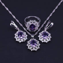 Conjunto de pendientes/anillo/Collar de cristal púrpura y circonita cúbica, joyería clásica europea de alta calidad, Color plateado 2024 - compra barato