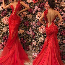 Sexy Red Mermaid Evening Dresses Appliques Backless One Shoulder Deep V-neck Long Women Occassion Prom Gowns vestidos noite 2024 - buy cheap
