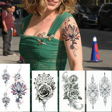 Tatuagem temporária com adesivo de lótus, arte corporal falsa para braço, tatuagem de peito, flor de henna preta, rosa, decoração realista de papel 2024 - compre barato
