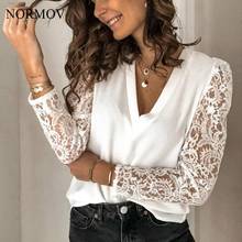 NORMOV Women White Blouse V-neck Lace Hollow Out Top 5XL Embroidery Loose Long Sleeve Patchwork Shirt 2022 Spring Blouses 2024 - buy cheap