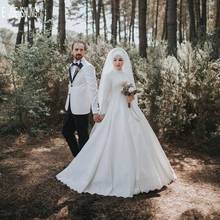 E JUE SHUNG Elegant Satin Muslim Wedding Dresses High Collar Long Sleeves Lace Appliques Bridal Gowns Vestido De Noiva Mariage 2024 - buy cheap