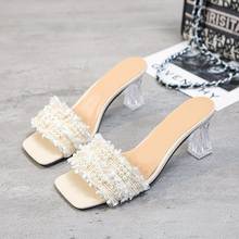 Transparent Slippers Women Shoes Woman Mules Strange High Heels Hemp Pearl String Bead Summer Ladies Shoes Slides Plus Size 2024 - buy cheap