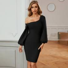 Vestido de fiesta negro de un hombro y mangas abullonadas, minivestido Bandage Sexy, elegante para mujer 2024 - compra barato