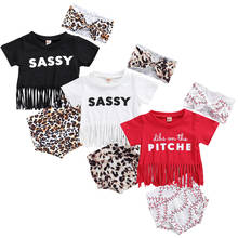 FOCUSNORM новые летние детские комплекты одежды для маленьких девочек футболки с коротким рукавом с бахромой топы леопардовые шорты повязка на голову 2024 - купить недорого