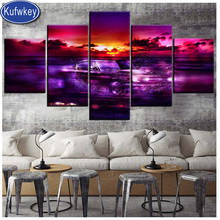 diamond embroidery 5 piece 5 d diy diamond painting Beautiful purple sunset car full square round diamond mosaic wall art, 2024 - buy cheap