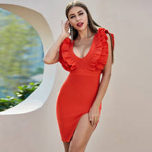Summer Style Sexy V Neck Ruffles Red Split Bodycon Women Bandage Dress 2020 Designer Fashion Evening Party Dress Vestido 2024 - buy cheap