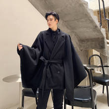Men Winter Oversize Loose Casual Woolen Cloak Jacket Male Streetwear Vintage Hip Hop Gothic Sashes Outerwear Coat Stage Clothing 2024 - buy cheap