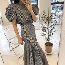 LLZACOOSH Chic Korea Summer Simple Fashion 2 Piece Set Women Puff Sleeve Short Shirt + Hight Waist Plaid Mermaid Long Skirt Suit 2024 - buy cheap