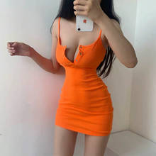Vestido corto femenino de verano sin mangas, minivestido sexy ajustado con tirantes, color naranja llamativo, para fiesta urbana y Carnaval 2024 - compra barato
