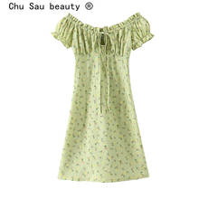 Chu Sau beauty New Casual Chic Floral Print Mini Dress Women Holiday Slash Neck Dress Summer Elastic Back Ruffles Ladies Dresses 2024 - buy cheap