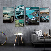 Carteles e impresiones de arte de pared de coches azules Retro, póster de lienzo de paisaje, decoración nórdica para habitación, pintura para el hogar 2024 - compra barato