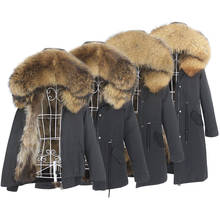 Oftbuy jaqueta de inverno feminina, casaco feminino com capuz de pele de guaxinim natural, forro de pele de raposa, casaco destacável, novo, 2021 2024 - compre barato