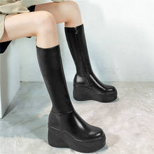Zapatillas de deporte de piel auténtica para mujer, zapatos de tacón alto, de punta redonda, con plataforma, color negro 2024 - compra barato