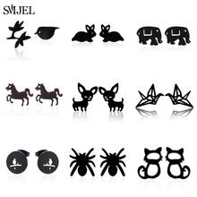 SMJEL-pendientes negros de acero inoxidable para mujer y niña, aretes pequeños de unicornio, perro, pájaro, Araña, animales, regalos de joyería 2024 - compra barato